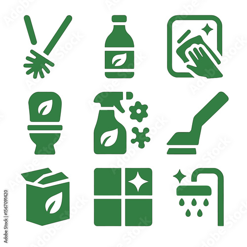 Green Cleaning Icons. Solid, filled icons set of green bathroom cleaning: toilet brush, vinegar bottle, mirror