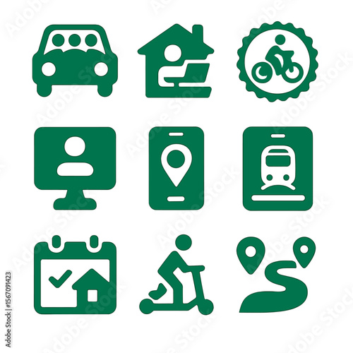 Green Commuting Icons. Solid, filled icons set of green commuting habits: carpool icon, work-from-home,