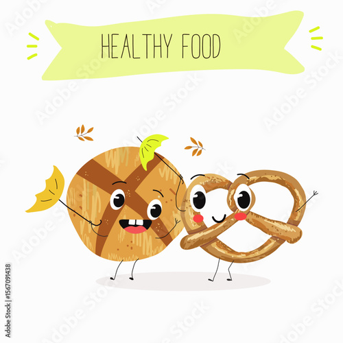 Baked food funny characters, hand drawn vector illustration.
