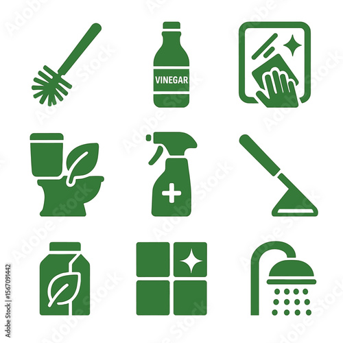 Green Cleaning Icons. Solid, filled icons set of green bathroom cleaning: toilet brush, vinegar bottle, mirror