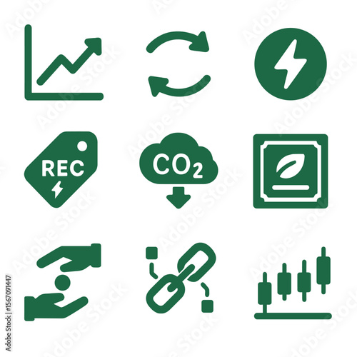 Green Energy Icon Grid. Solid, filled icons set of green energy trading and markets: stock graph, exchange