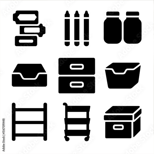 Scrapbooking Icon Set. Solid, filled icon set of scrapbooking organization: labels, markers, storage jars, trays, drawers, bins,