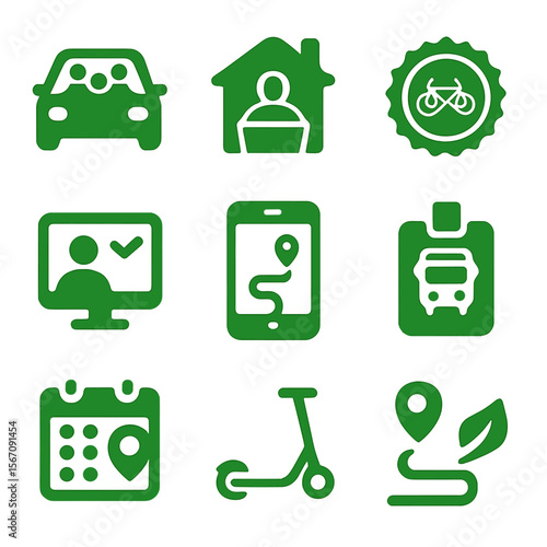 Green Commuting Icons. Solid, filled icons set of green commuting habits: carpool icon, work-from-home,