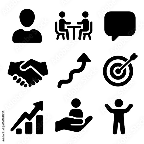 Mentorship Icon Set. Solid, filled icon set of mentorship and coaching: mentor figure, coaching session, speech bubble, handshake,