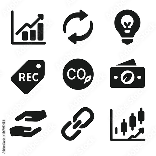 Green Energy Icon Grid. Solid, filled icons set of green energy trading and markets: stock graph, exchange