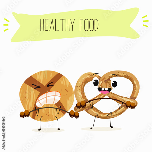 Baked food funny characters, hand drawn vector illustration.