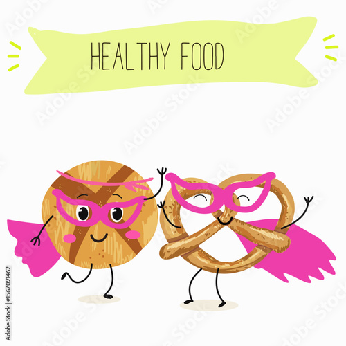 Baked food funny characters, hand drawn vector illustration.