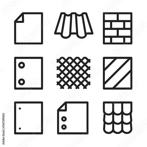 Metal Cladding Icons. Solid, filled icon set of metal cladding materials: aluminum sheet, steel panel, copper cladding, zinc plate