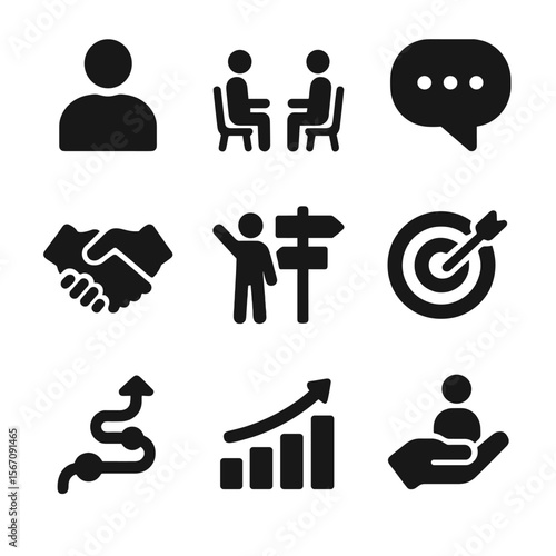 Mentorship Icon Set. Solid, filled icon set of mentorship and coaching: mentor figure, coaching session, speech bubble, handshake,