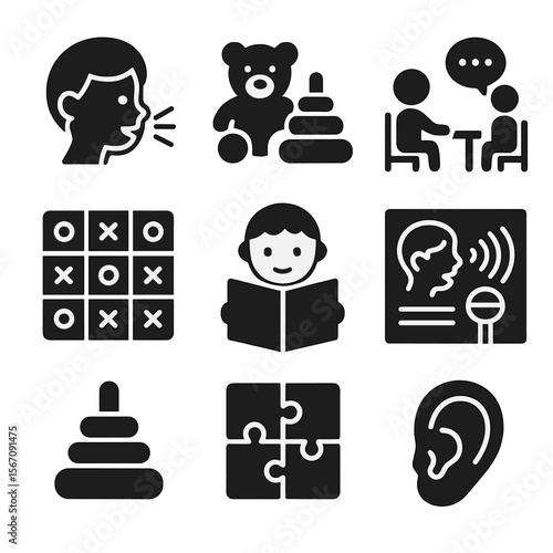 Pediatric Speech Icons. Solid, filled icon set of pediatric speech therapy: child speech bubble, toy, educational game, therapy