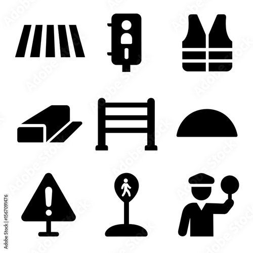 Pedestrian Safety Icons. Solid, filled icon set of pedestrian safety elements: zebra crossing, traffic light for walkers,