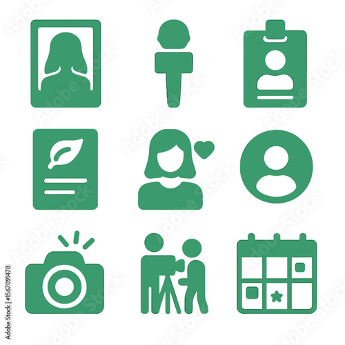 Green Fashion Icons. Solid, filled icons set of green fashion media coverage: magazine cover, interview mic,
