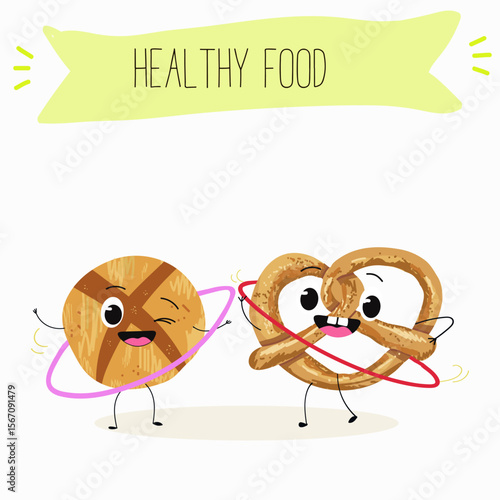 Baked food funny characters, hand drawn vector illustration.