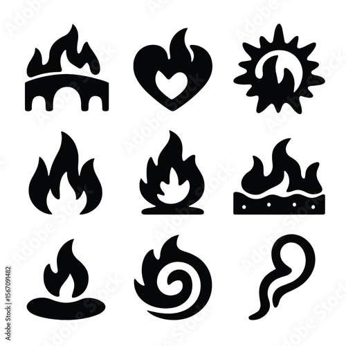 Metaphorical Flame Icons. Solid, filled icon set of metaphorical flames: burning bridge, fiery heart, blazing sun, inferno,