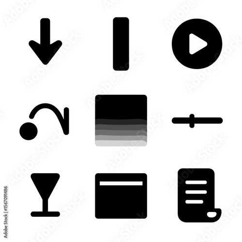 Scroll Animation Icons. Solid, filled icon set of scroll-triggered animations: scroll arrow, scroll bar, animated play button,