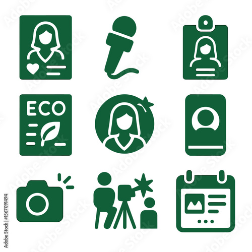 Green Fashion Icons. Solid, filled icons set of green fashion media coverage: magazine cover, interview mic,