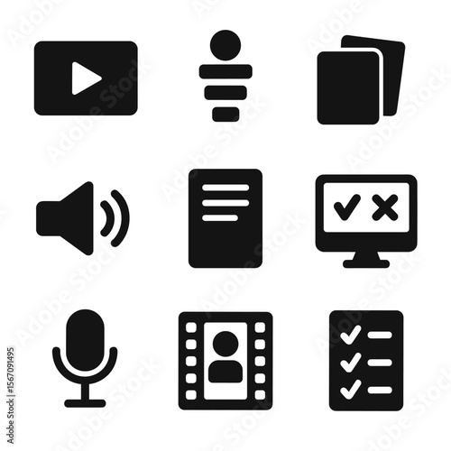 Microlearning Icon Set. Solid, filled icon set of microlearning content types: short video, infographic, flashcard, audio clip,