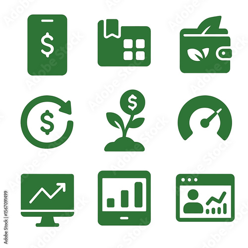 Green Fintech Icons. Solid, filled icons set of green fintech platforms: mobile app, digital portfolio, eco