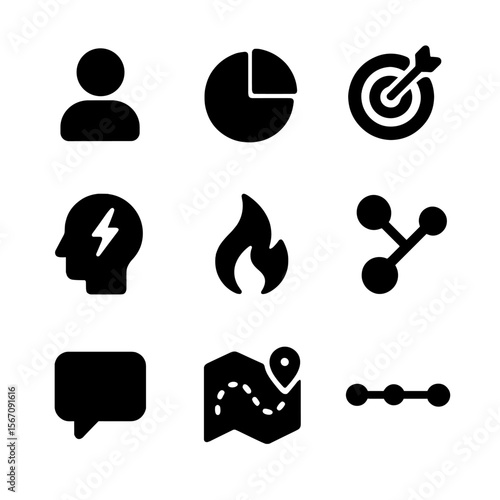Persona Icons Grid. Solid, filled icon set of persona worksheet elements: user profile, demographic chart, goal target, pain point