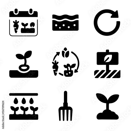 Seasonal Crop Icon Set. Solid, filled icon set of seasonal crop rotation: calendar with crops, soil layers, rotating arrow,
