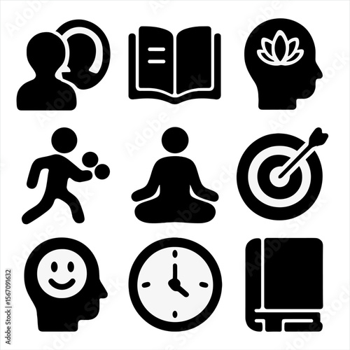 Personal Growth Icons. Solid, filled icon set of personal growth: self-reflection, book, mindfulness, exercise, journal,