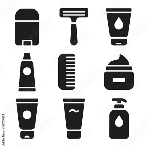 Grooming Essentials Icons. Solid, filled icons set of daily grooming routine: deodorant stick, shaving razor,