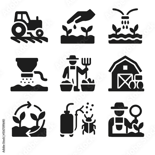 Seasonal Farming Icons. Solid, filled icon set of seasonal farming activities: plowing, planting, irrigating, fertilizing,