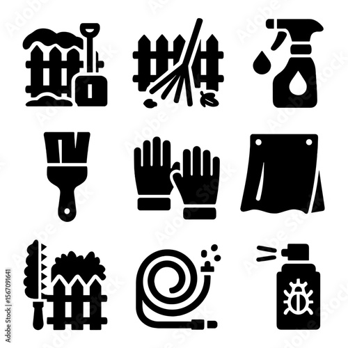 Seasonal Fence Care Icons. Solid, filled icon set of seasonal wooden fence care: snow removal, leaf rake, waterproofing, brush,