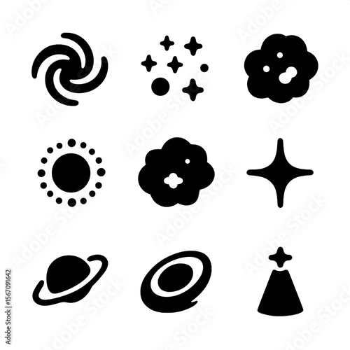Milky Way Icon Grid. Solid, filled icon set of Milky Way galaxy: spiral galaxy, star cluster, cosmic dust, galactic core, nebula