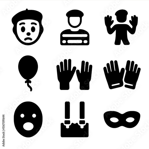Mime Acts Icons. Solid, filled icon set of mime acts: mime face, striped shirt, invisible wall pose, balloon, hand gestures, white