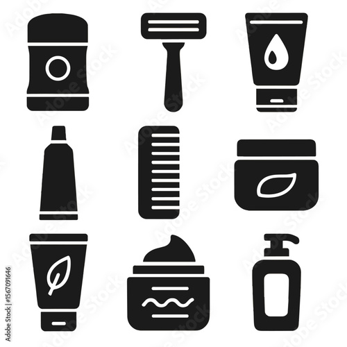 Grooming Essentials Icons. Solid, filled icons set of daily grooming routine: deodorant stick, shaving razor,