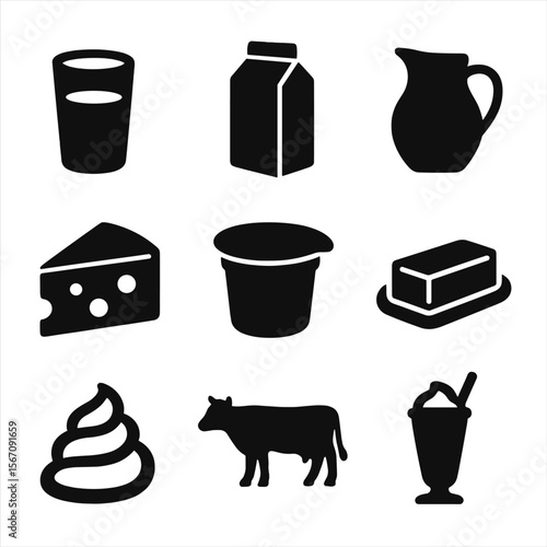 Milk Products Icons. Solid, filled icon set of milk products: glass of milk, milk carton, milk jug, milkshake, cheese wedge,