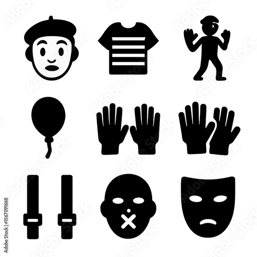 Mime Acts Icons. Solid, filled icon set of mime acts: mime face, striped shirt, invisible wall pose, balloon, hand gestures, white