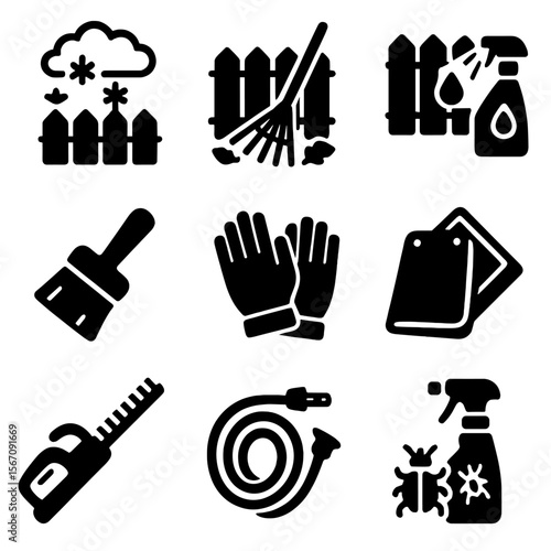 Seasonal Fence Care Icons. Solid, filled icon set of seasonal wooden fence care: snow removal, leaf rake, waterproofing, brush,