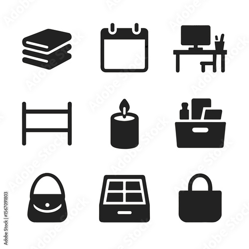 Minimalist Icon Set. Solid, filled icon set of minimalist lifestyle: folded clothes, blank calendar, clean desk, essential bag,