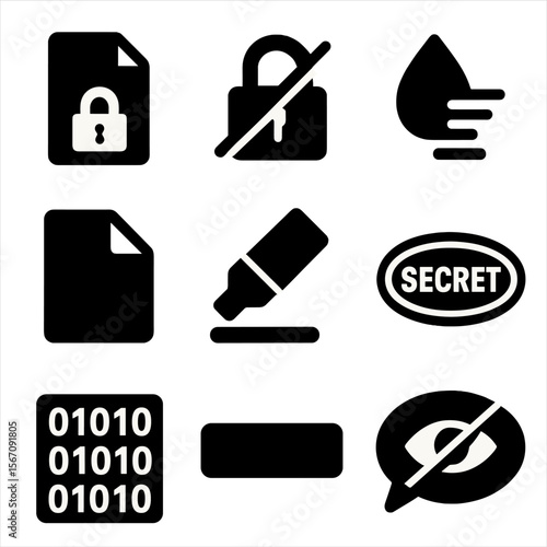 Secret Icons Set. Solid, filled icon set of hidden messages: encrypted file, lock icon, disappearing ink, folded paper, invisible