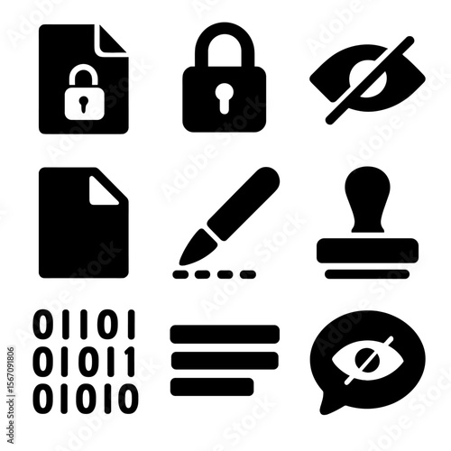 Secret Icons Set. Solid, filled icon set of hidden messages: encrypted file, lock icon, disappearing ink, folded paper, invisible