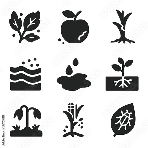Hail Damage Icons. Solid, filled icons set of hail damage indicators: broken leaves, dented fruit, damaged