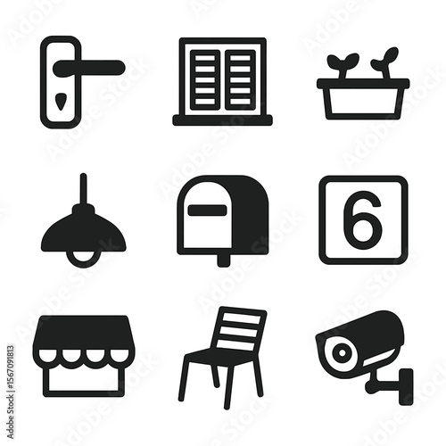 Minimalist Building Accessories. Solid, filled icon set of minimalist building accessories: door handle, window shutter, planter