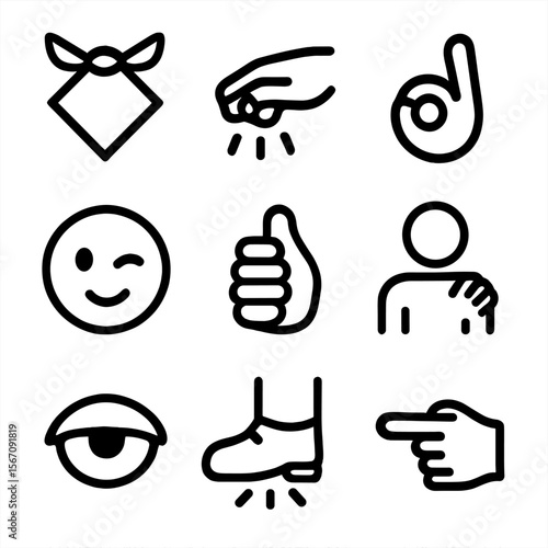 Secret Signal Icons. Solid, filled icon set of Secret signals: handkerchief code, tapping fingers, coded gestures, wink, thumb