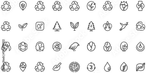 Black outline set of ecology icon liner tecnology abstract background, modern line style icon set of ecology collection.