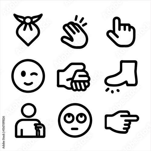 Secret Signal Icons. Solid, filled icon set of Secret signals: handkerchief code, tapping fingers, coded gestures, wink, thumb