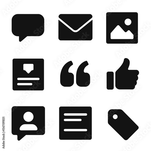 Minimalist Icon Set. Solid, filled icon set of minimalist brand communication: direct message, clean email layout, social post