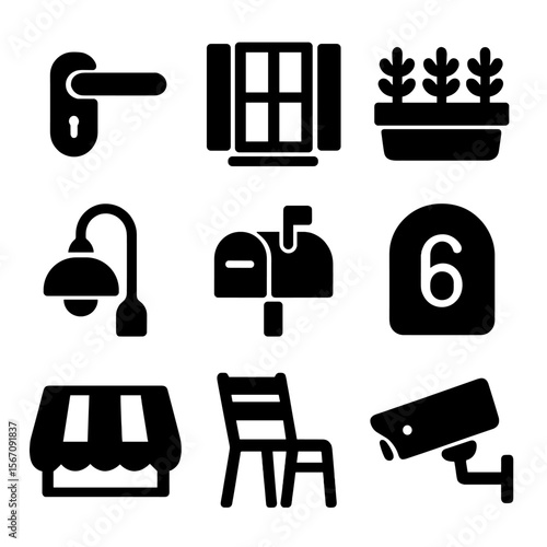 Minimalist Building Accessories. Solid, filled icon set of minimalist building accessories: door handle, window shutter, planter