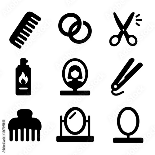 Hair Styling Icons. Solid, filled icons set of hair styling at vanity mirror: comb, hair ties, hairspray,