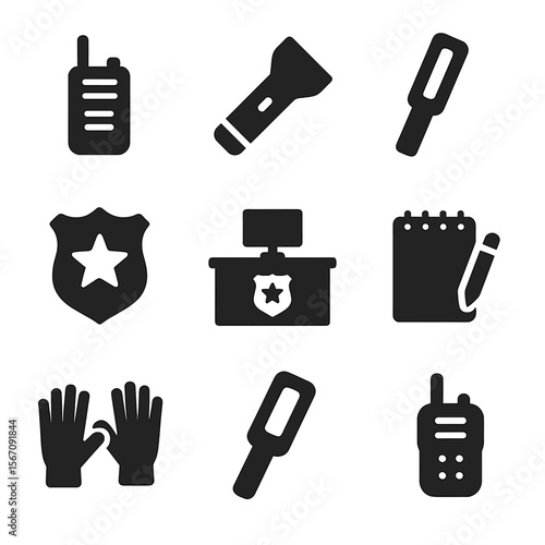 Security Tools Icons. Solid, filled icon set of security staff tools: radio, flashlight, scanner wand, uniform badge, security