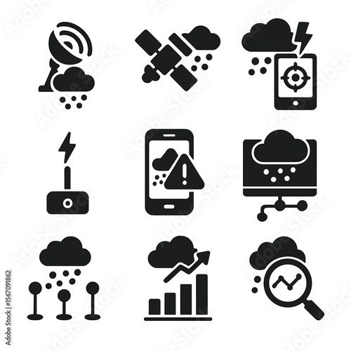 Hailstorm Forecast Icons. Solid, filled icons set of hailstorm forecasting technology: Doppler radar,