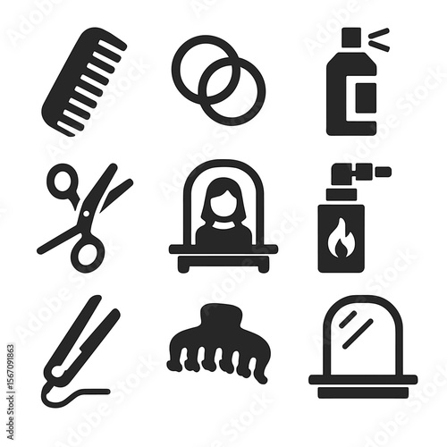 Hair Styling Icons. Solid, filled icons set of hair styling at vanity mirror: comb, hair ties, hairspray,