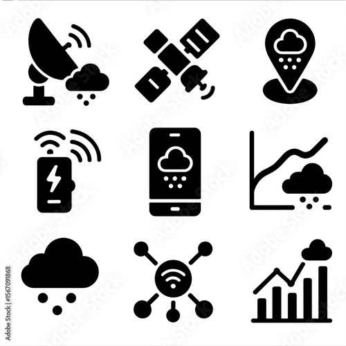Hailstorm Forecast Icons. Solid, filled icons set of hailstorm forecasting technology: Doppler radar,