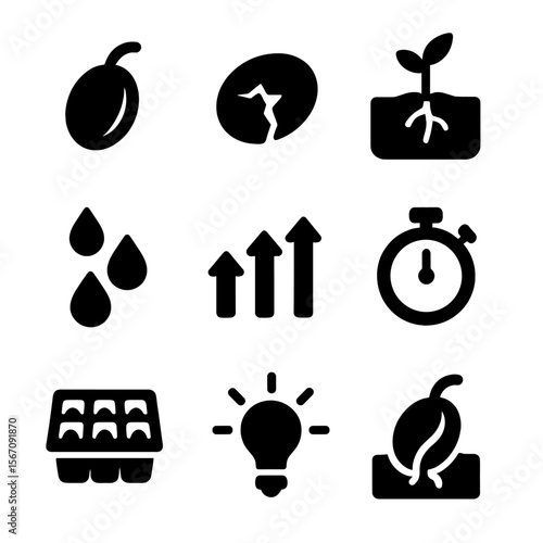 Seed Germination Icons. Solid, filled icon set of seed germination: sprouting seed, cracked seed shell, seedling emerging, root
